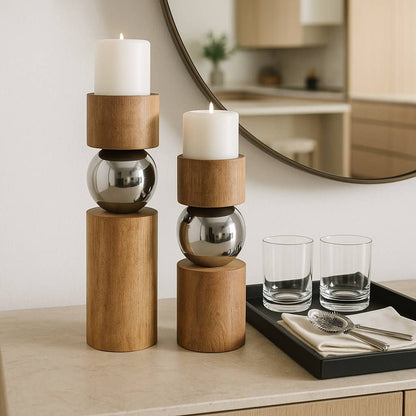 Candle Holders Set of 2 - Tan Wood Iron Sphere, 11/13 in.