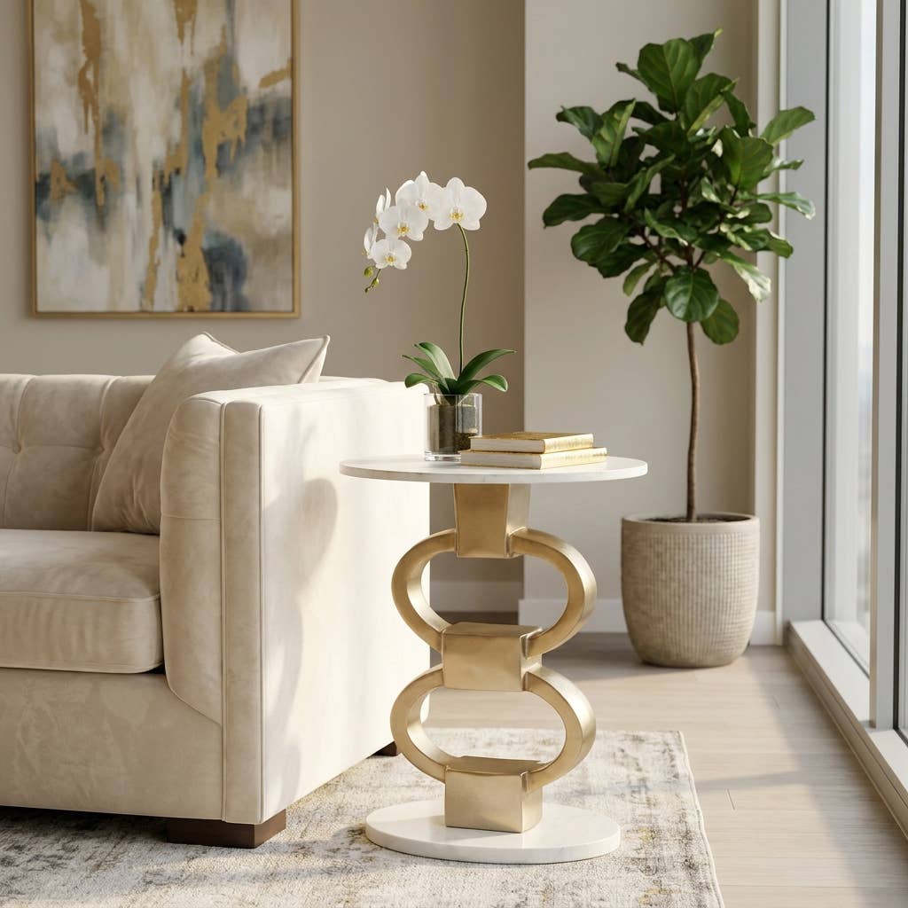 Side Table - Gold Metal Link with Marble Top, 24 in.