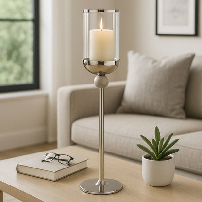 Candle Holder - Silver Metal Large Floor Hurricane, 29 in.