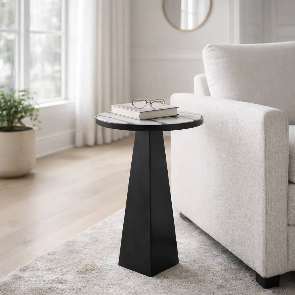 End Table - Black/White Marble Top with Tripod Frame, 23 in.