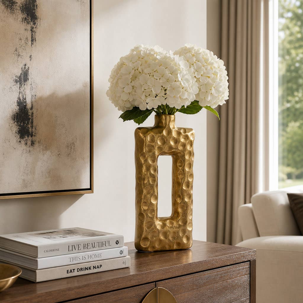 Decorative Vase - Gold Metal Open Hammered Finish, 20 in.