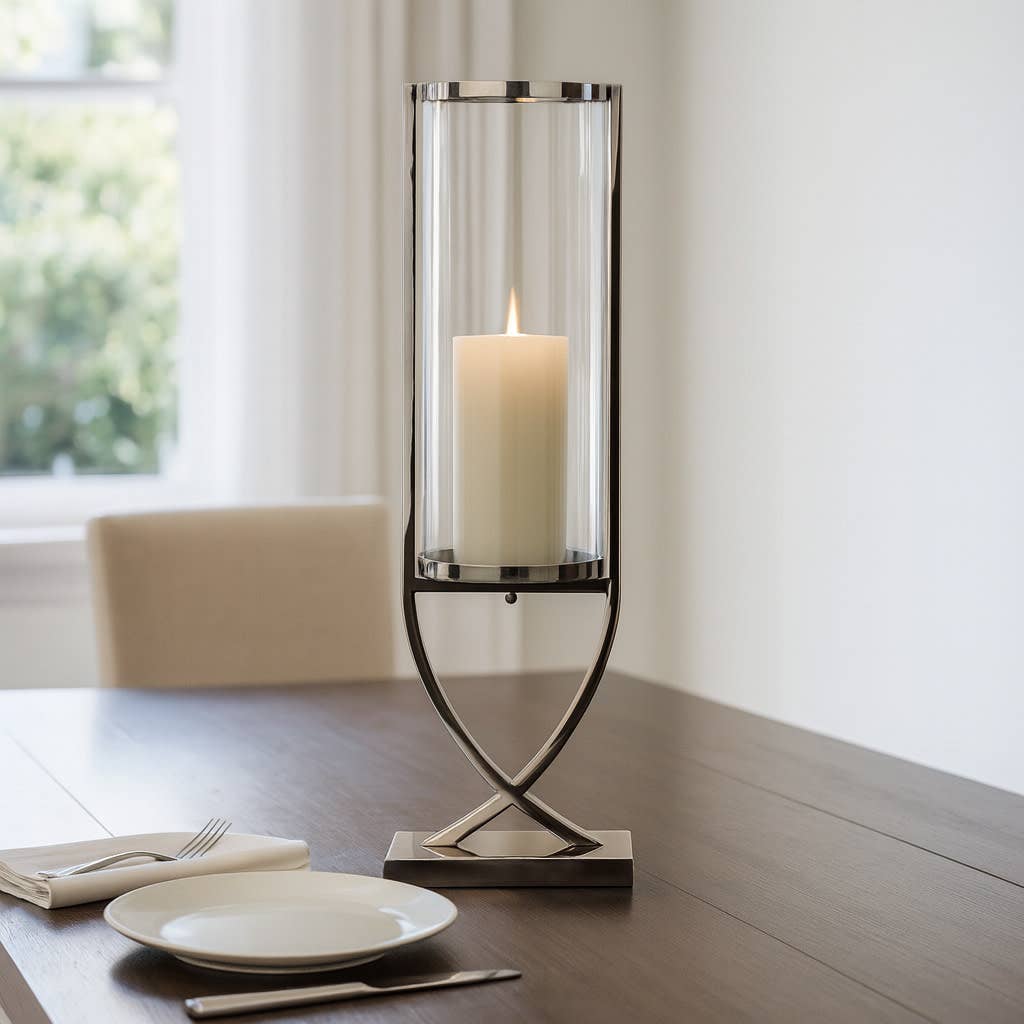 Candle Holder – Silver Metal Glass Cylindrical Pillar, 31 Inch