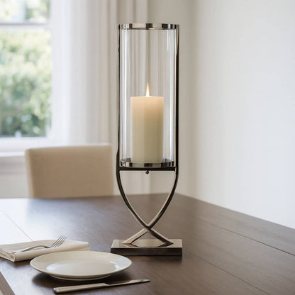 Candle Holder – Silver Metal Glass Cylindrical Pillar, 31 Inch