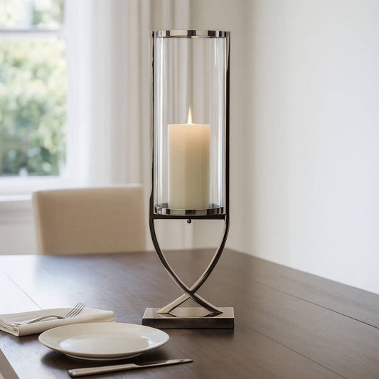 Candle Holder – Silver Metal Glass Cylindrical Pillar, 31 Inch