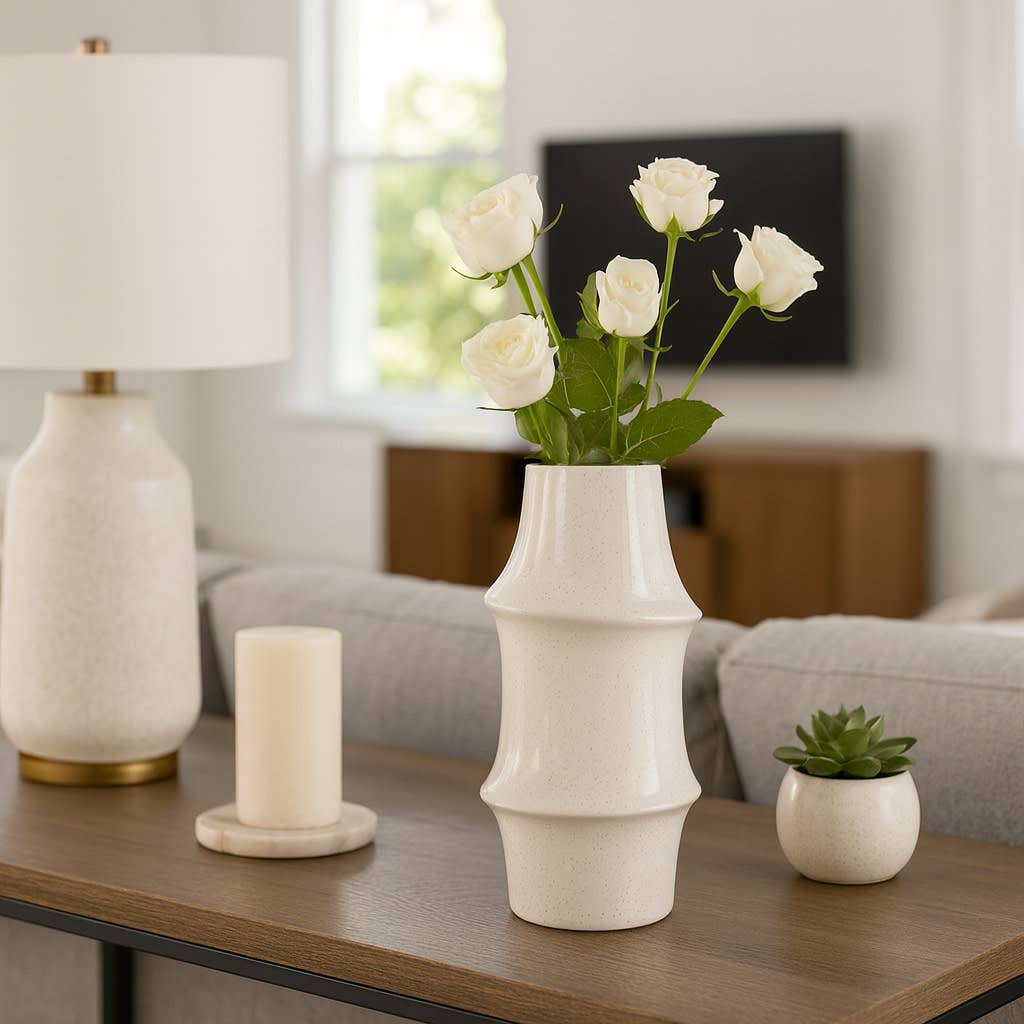 Decorative Vase - Cream Ceramic Unique Sculptural, 12 in.