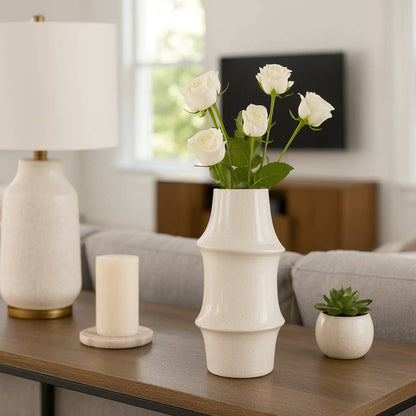 Decorative Vase - Cream Ceramic Unique Sculptural, 12 in.