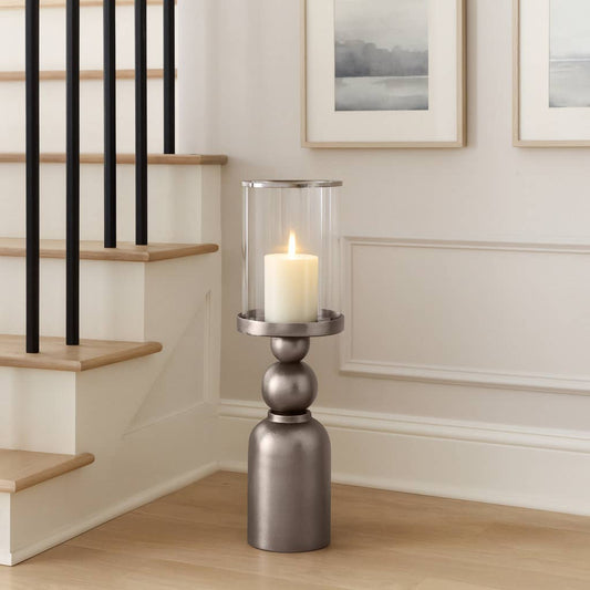 Candle Holder - Silver Metal Removable Hurricane, 32 in.
