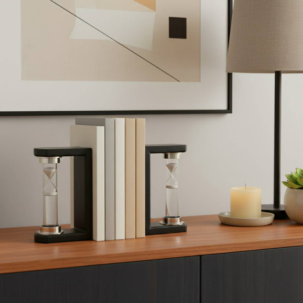 Bookends Set of 2 - Black Wood Hourglass Design, 8 in.