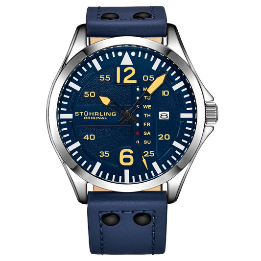 Stuhrling Original Aeronaut Men's Quartz Aviator Watch, 43mm, Blue Dial