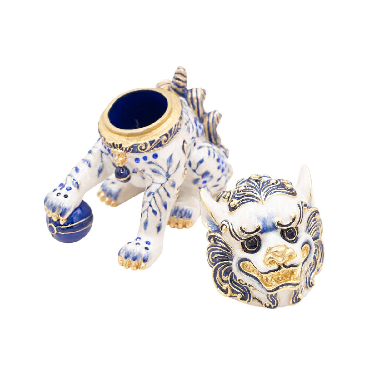 Jay Strongwater Shi Foo Dog Decorative Box, Blue Flower Austrian Crystal Enamel Gold-Finished