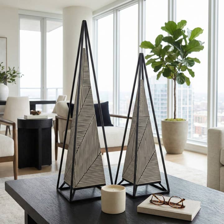 Sculptures Set of 2 - Black Resin Metal Pyramid, 21/26 in.