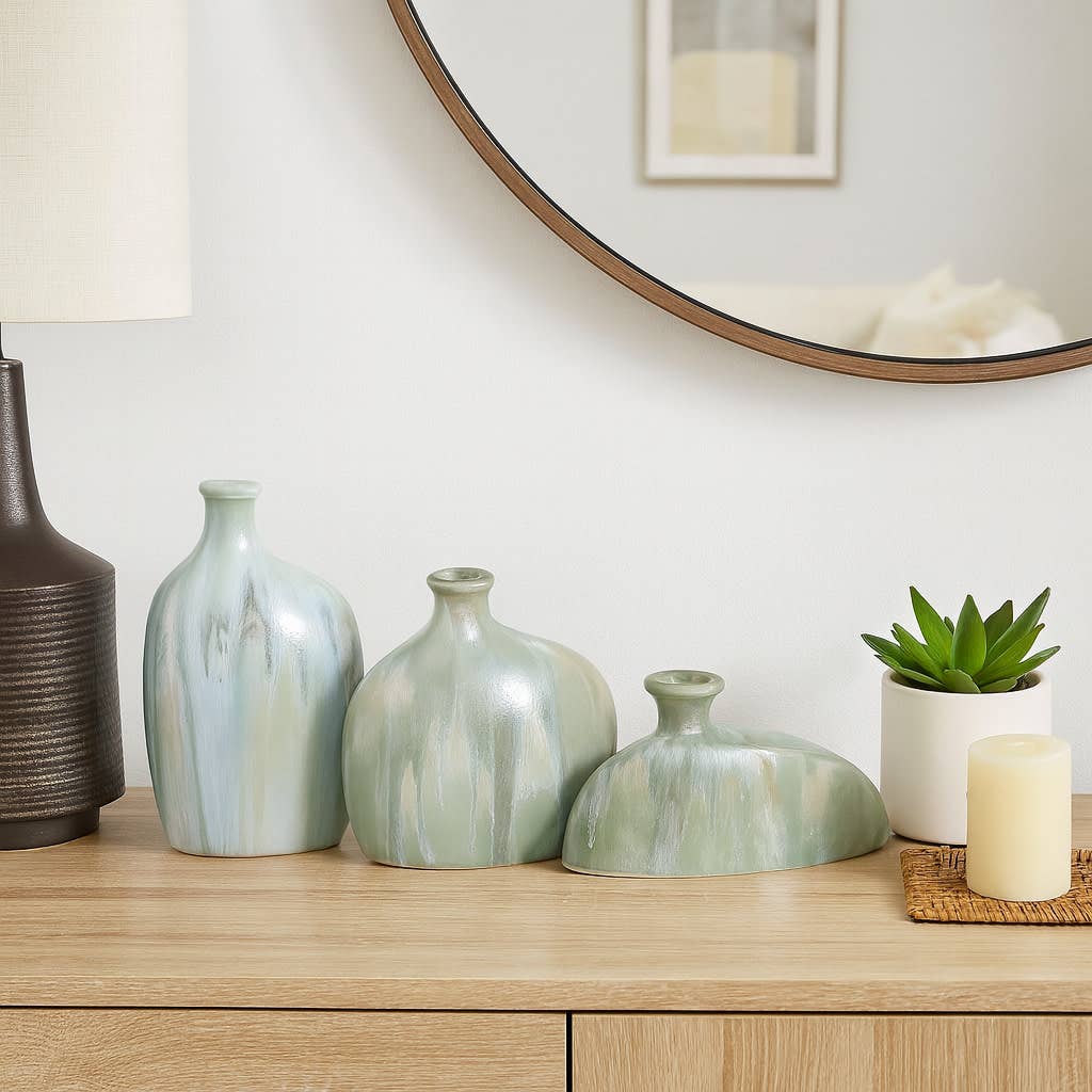 Decorative Vases Set of 3 - Green Ceramic Ombre, 5/8/9 in.