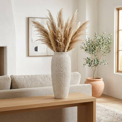 Decorative Vase - White Earthenware Textured Cylinder, 19 in.