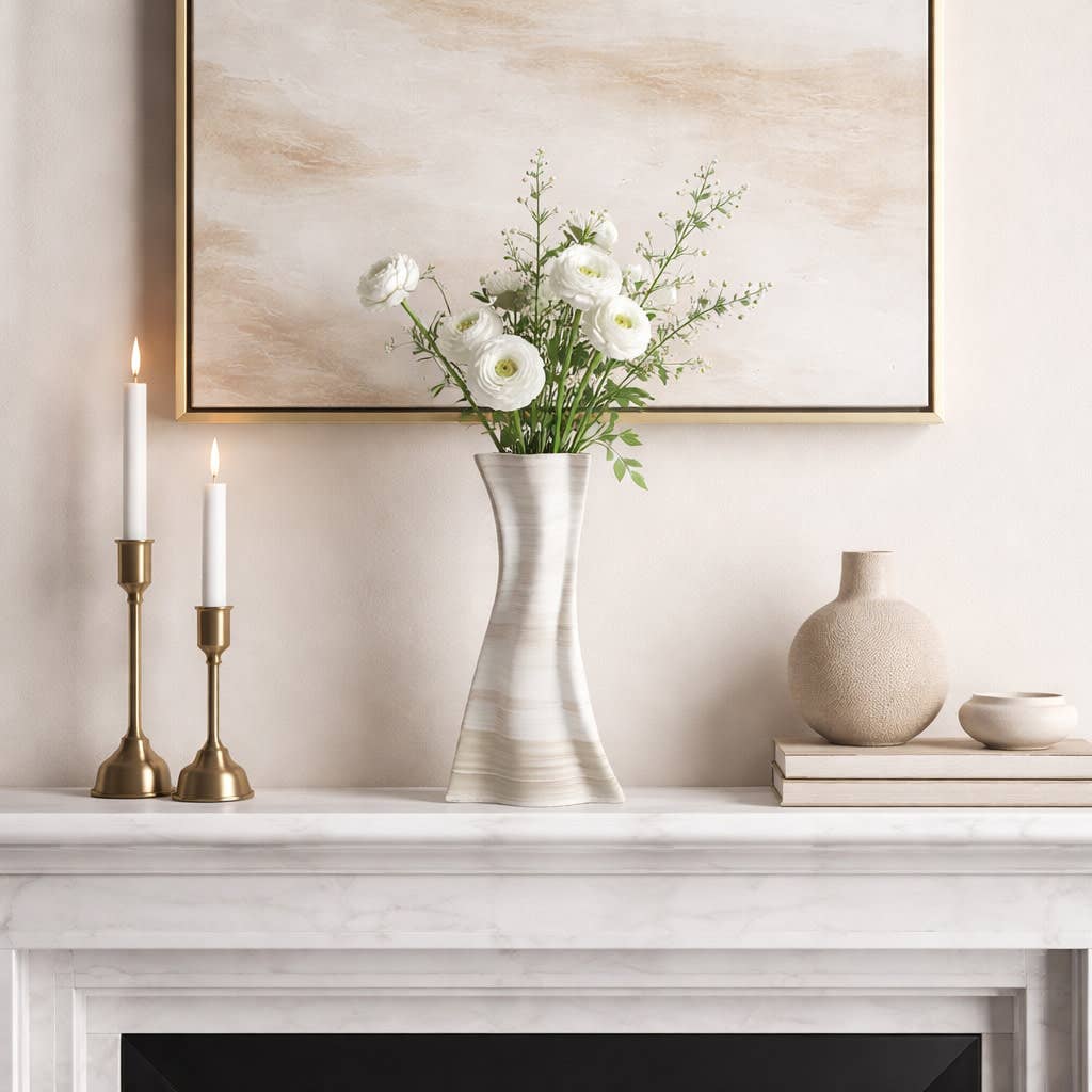 Decorative Vase - Ivory Porcelain 3D Printed Contours, 12 in