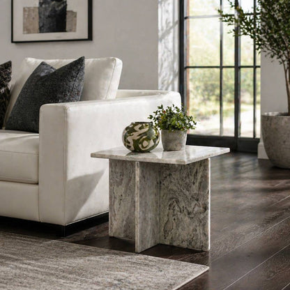Side Table - Gray Marble Square with Cross Base, 18 in.
