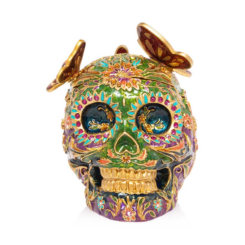 Jay Strongwater Rivera Skull with Butterflies Decorative Box, Red Butterfly Flower Swarovski Crystal Enamel Gold-Finished
