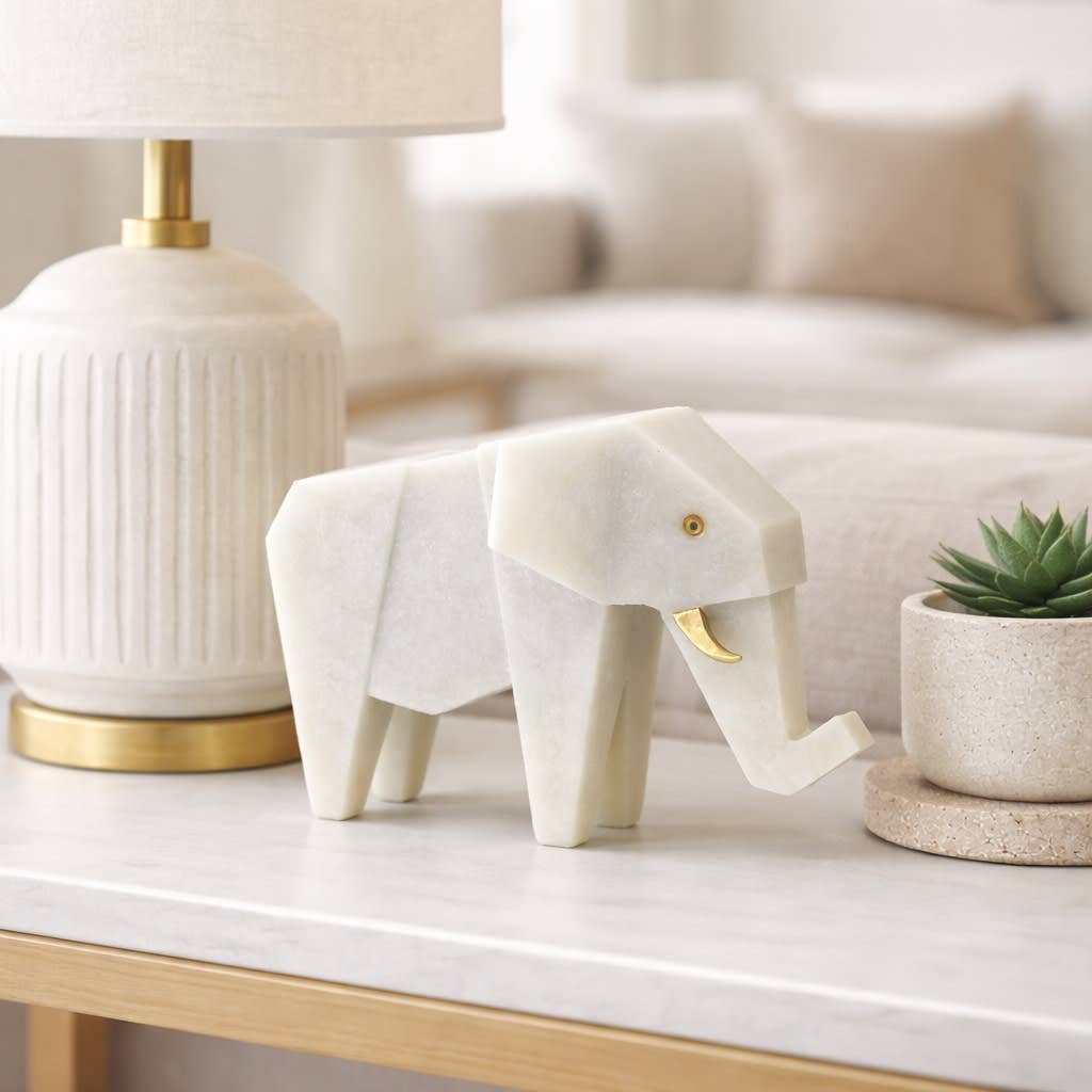 Figurine - White Resin Geometric Elephant Shape, 11 in.