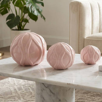 Decorative Object S/3 - Pink Ceramic Sculpted Orb, 4/5/6 in.