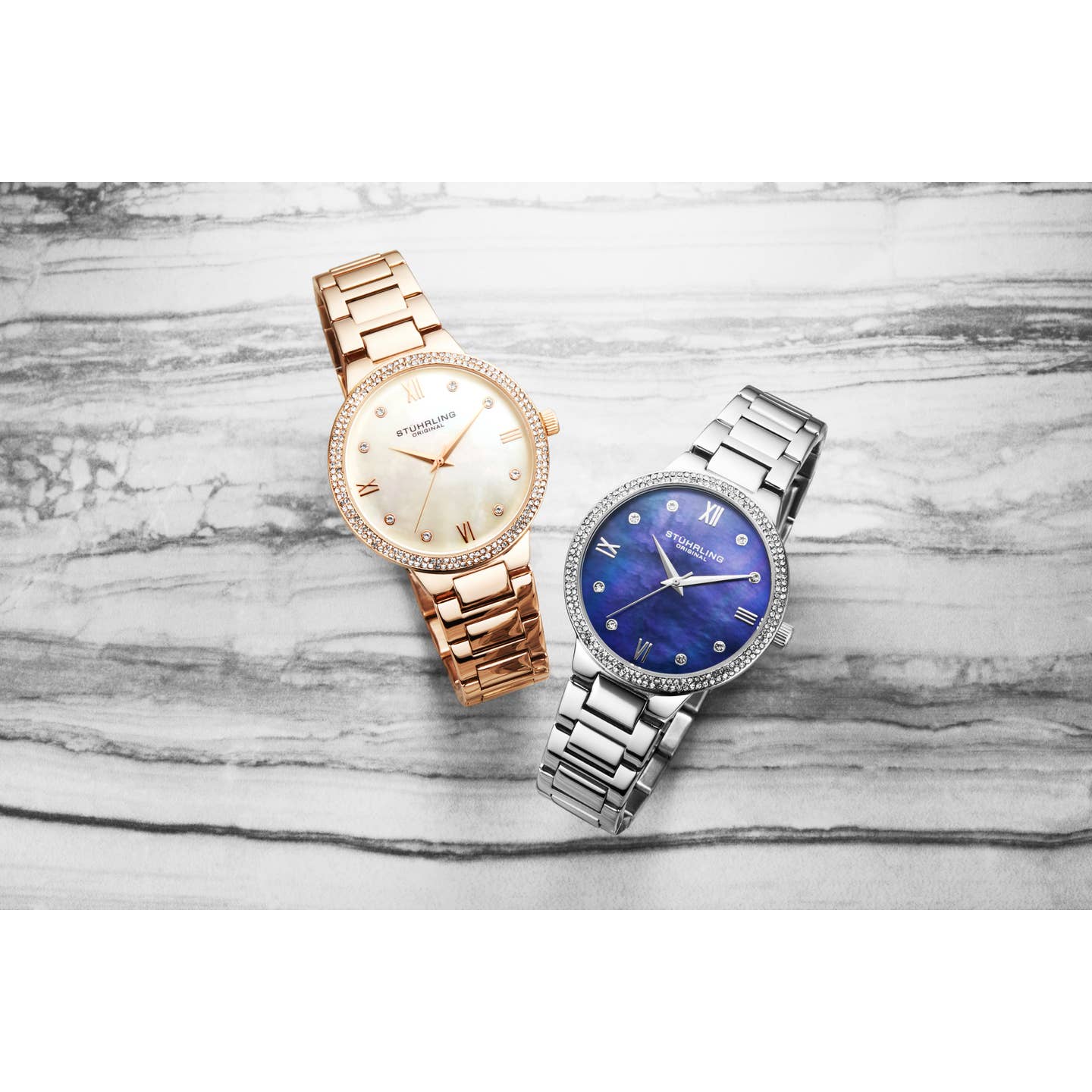 Stuhrling Original Carrara 3907 Women's Quartz Watch, 38mm, Blue Mother-of-Pearl Dial, Silver-Tone Stainless Steel Bracelet, Crystal-Accented Bezel