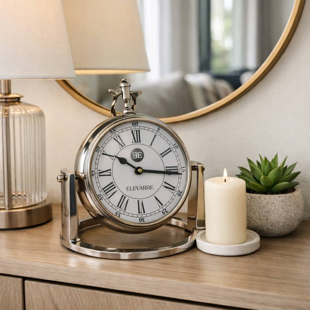 Desk Clock - Silver Aluminum with Pivot Stand, 10 in.