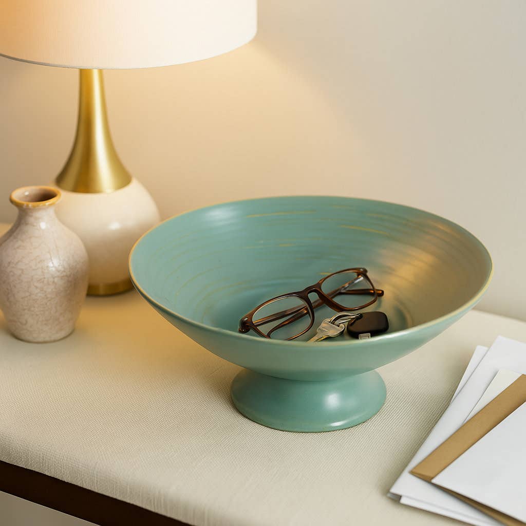 Decorative Bowl - Green Ceramic Round Pedestal Base, 15 in.