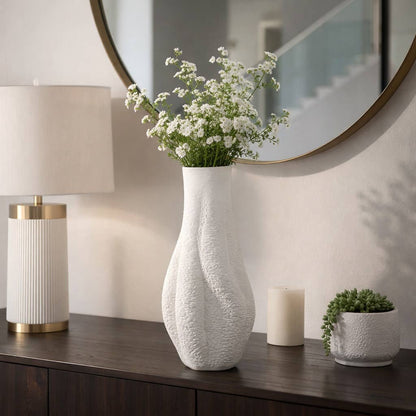 Decorative Vase - White Porcelain 3D Printed Curved, 16 in.