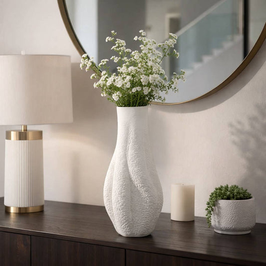 Decorative Vase - White Porcelain 3D Printed Curved, 16 in.