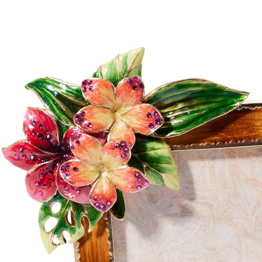 Jay Strongwater Tropical Flower Floral 3" x 4" Enamel Gold-Finished Picture Frame