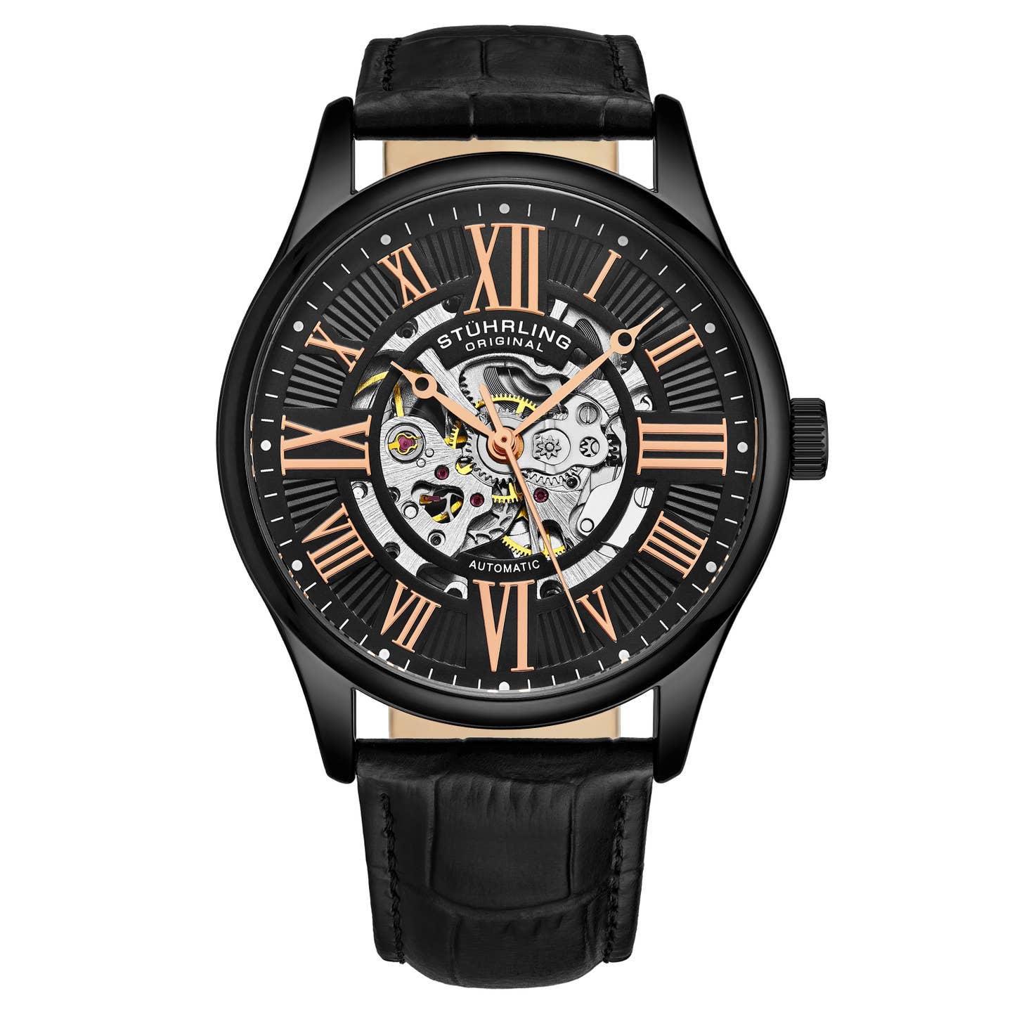 Stuhrling Original Atrium Men's Automatic Skeleton Watch, 42mm, Black Alligator Embossed Genuine Leather Strap