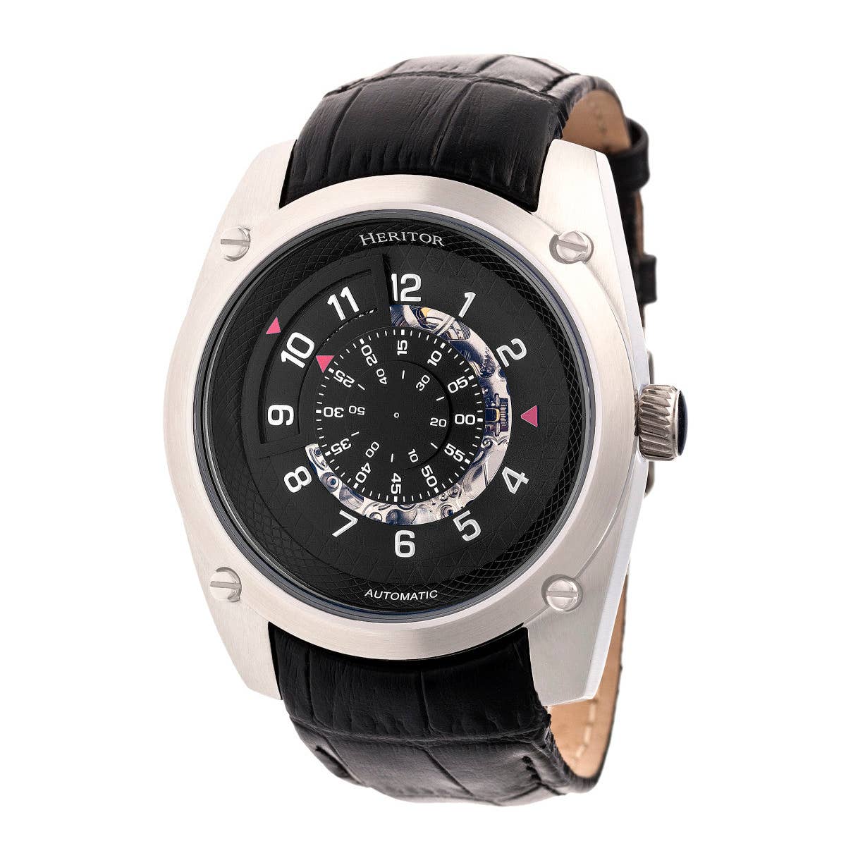 Heritor Daniels Men's Automatic Semi-Skeleton Leather Watch, Silver/Black