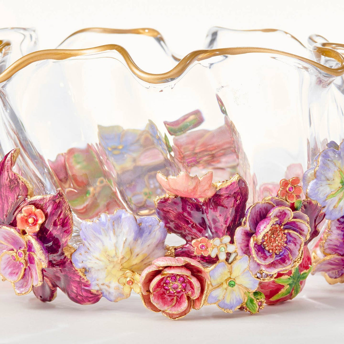 Jay Strongwater Paisley Small Ruffle Flower Swarovski Crystal Enamel Gold-Finished Decorative Bowl