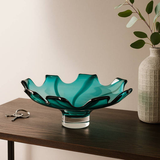 Decorative Bowl - Blue Glass Modern Artisan Blown, 14 in.