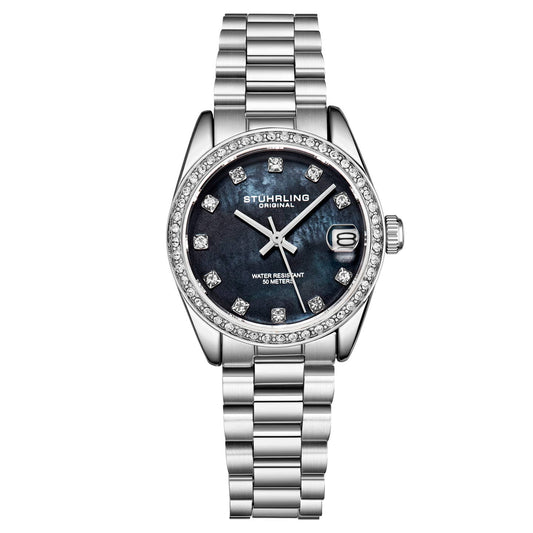 Stuhrling Original Lineage Women's Quartz Watch, 31mm, Black Mother-of-Pearl Dial, Silver-Tone Stainless Steel Bracelet, Crystal-Accented Bezel