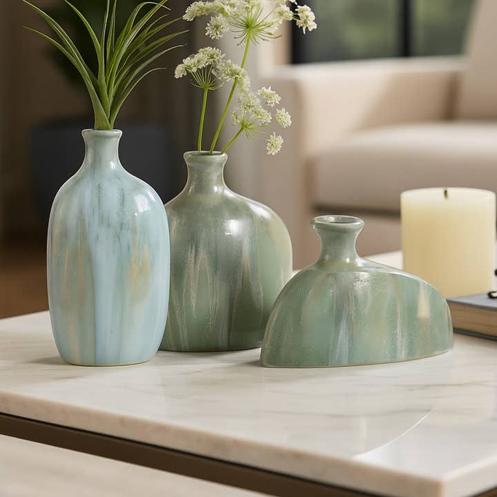 Decorative Vases Set of 3 - Green Ceramic Ombre, 5/8/9 in.