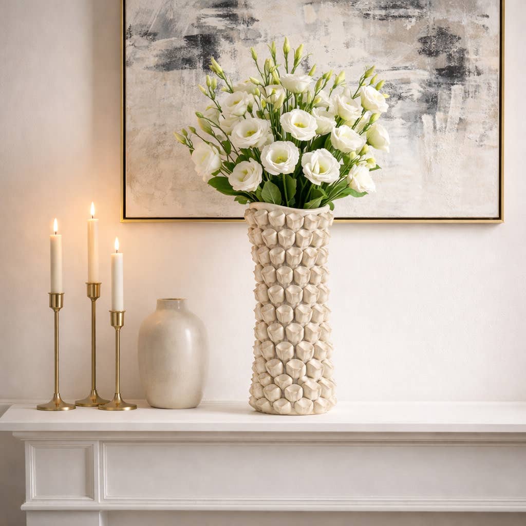 Decorative Vase - Beige Ceramic Textured Floral, 16 in.