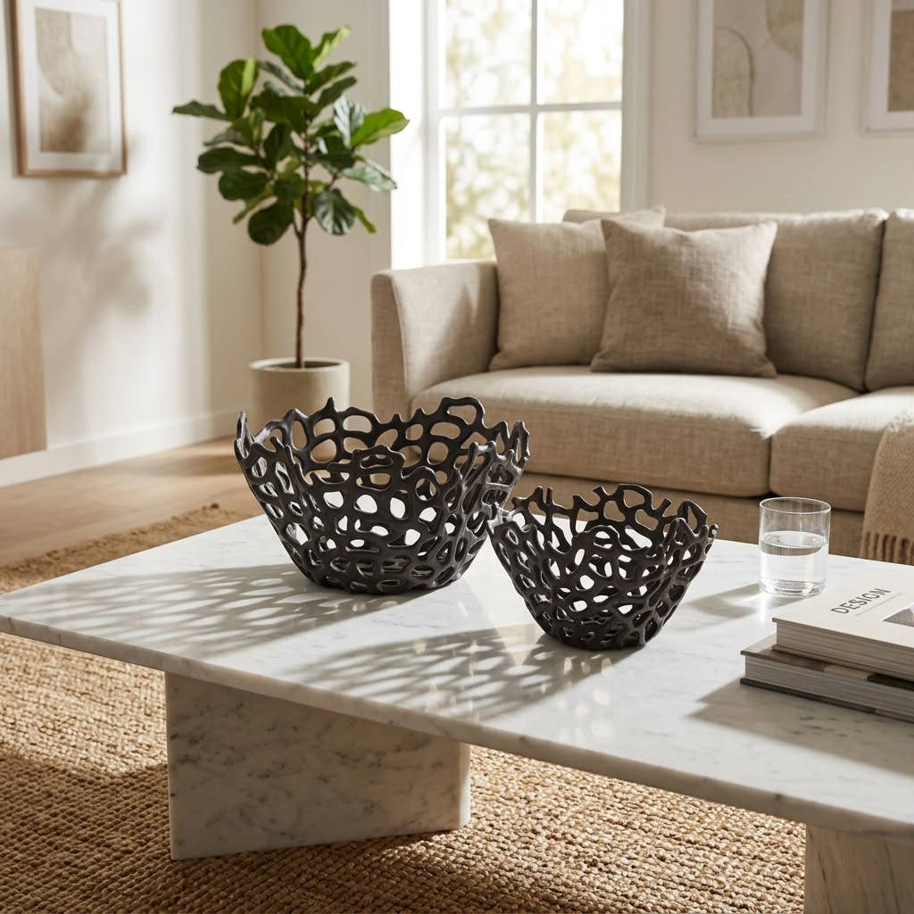 Bowl Set of 2 - Black Ceramic Openwork Round, 10/13 in.