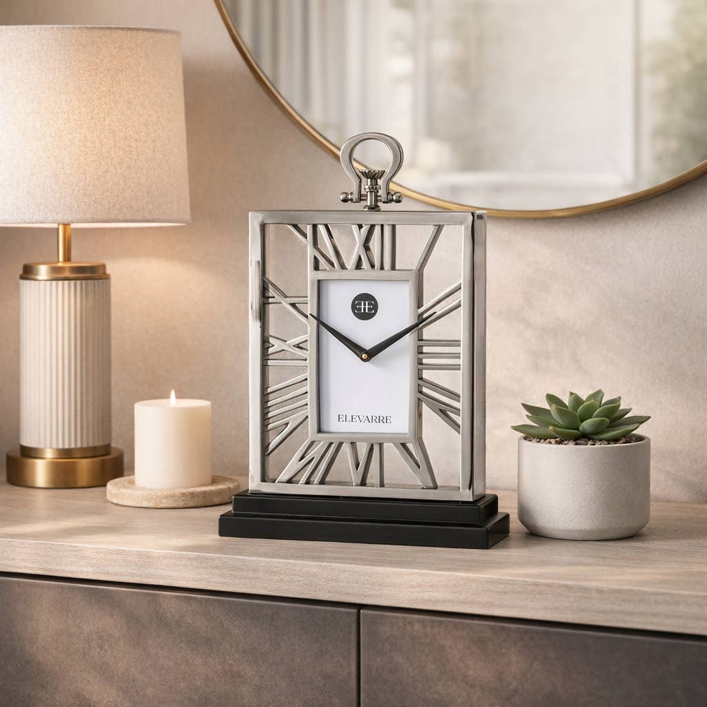 Desk Clock - Silver Metal Timepiece Cutout Design, 18 in.