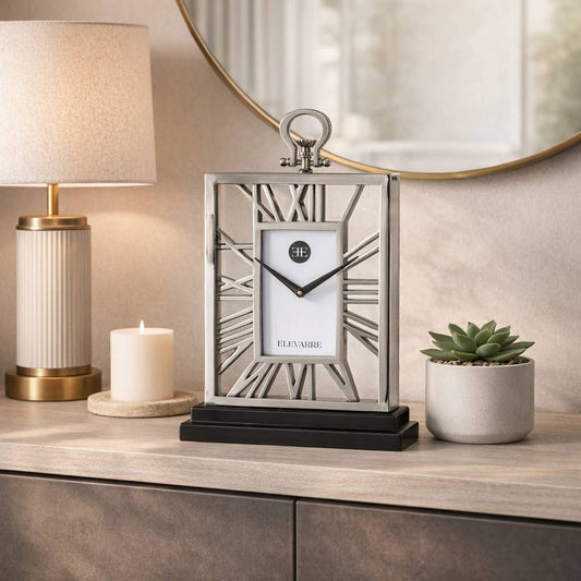 Desk Clock - Silver Metal Timepiece Cutout Design, 18 in.