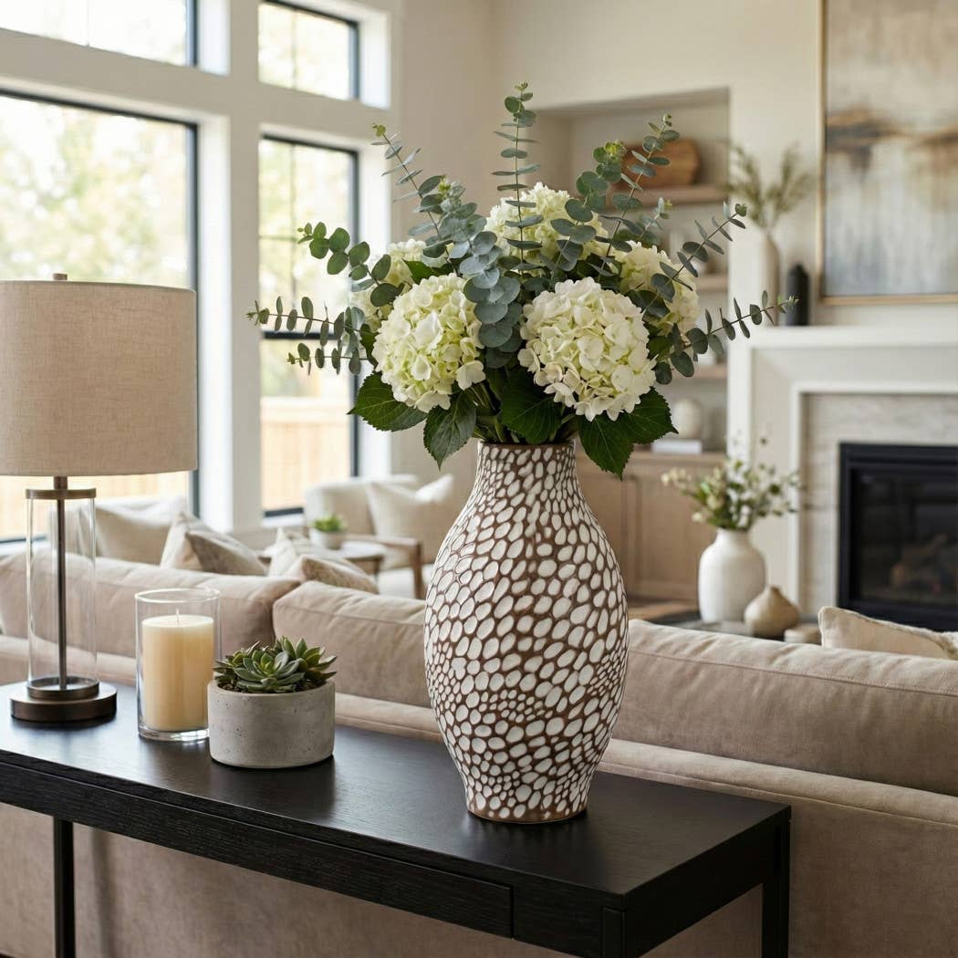 Decorative Vase - White/Brown Ceramic Pebble Mosaic, 14 in.