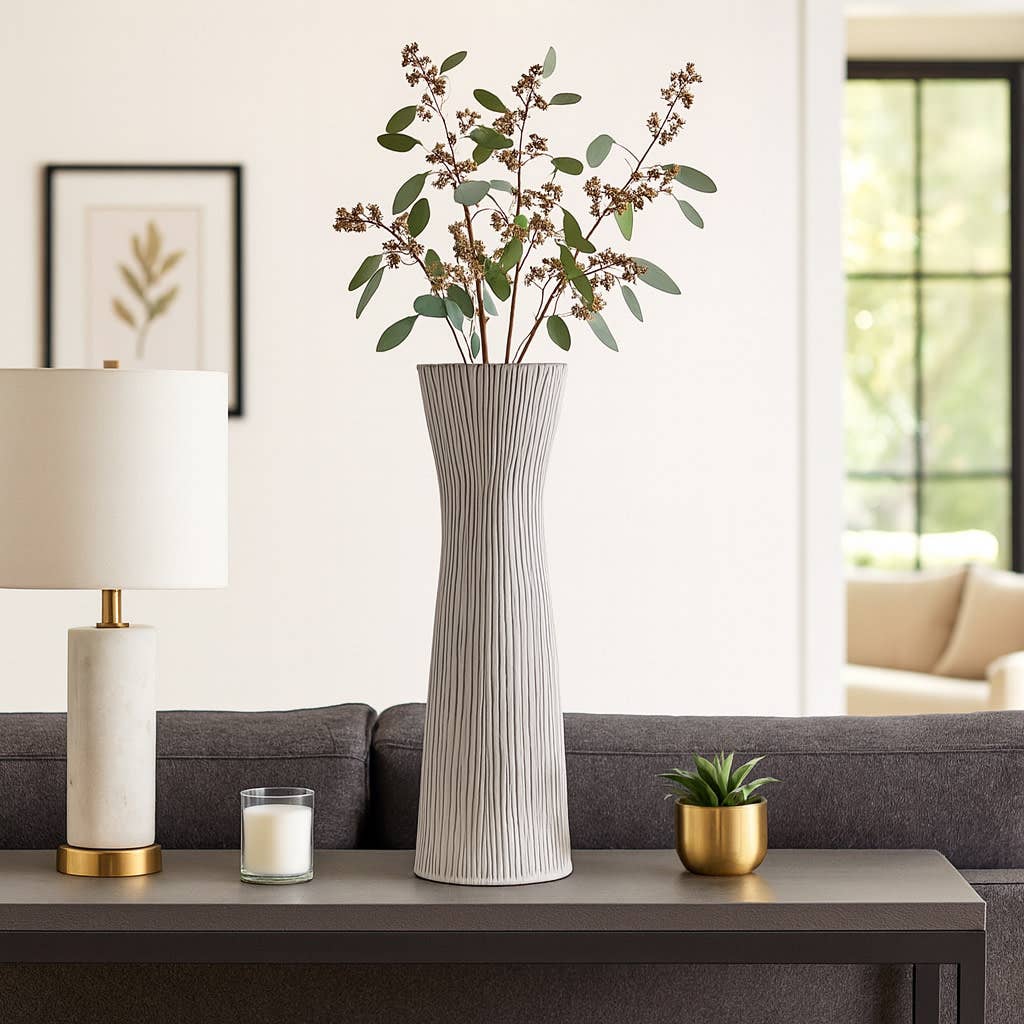 Decorative Floor Vase - White Ceramic Trumpet, 25 in.