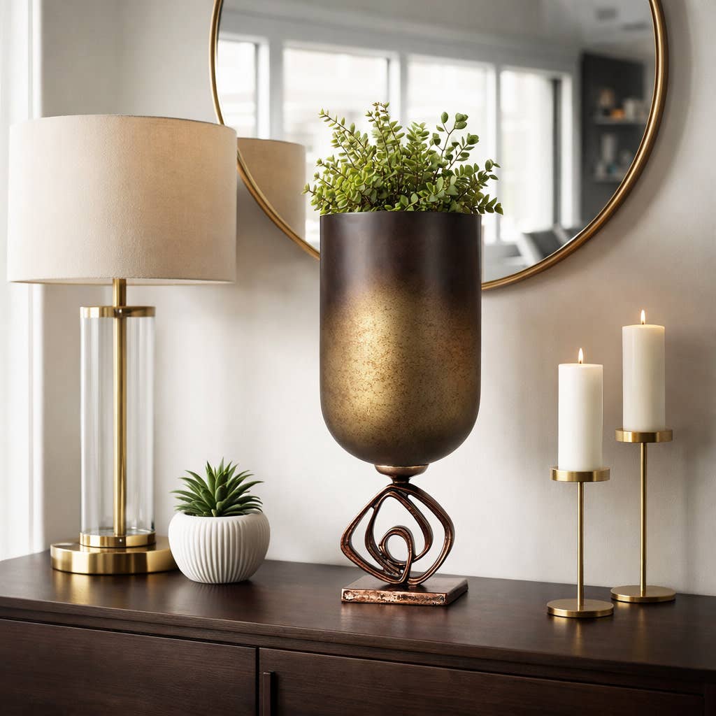 Decorative Vase - Bronze Glass Urn with Metal Stand, 19 in.