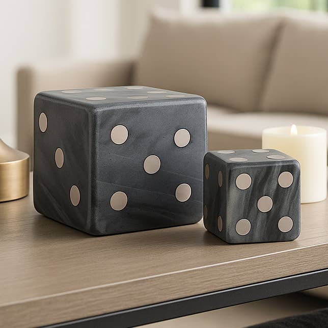 Sculpture Set of 2 - Grey Marble Metal Modern Dice, 3/4 in.