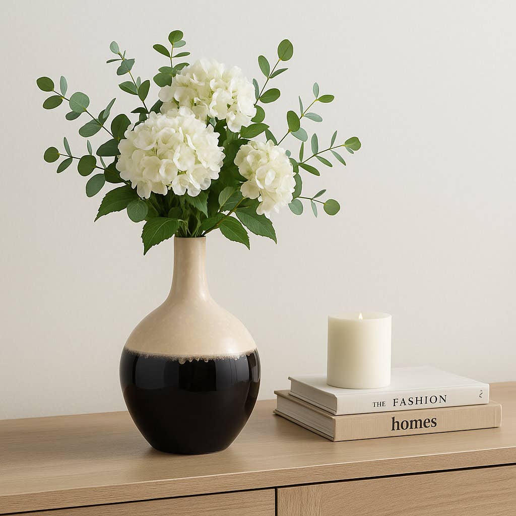 Decorative Vase - Ivory/Black Ceramic Sculptural Form, 19 in