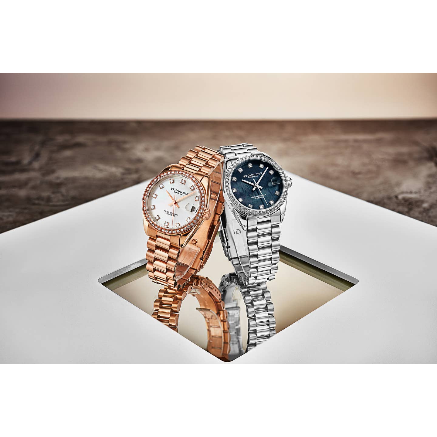 Stuhrling Original Lineage Women's Quartz Watch, 31mm, Silver Mother-of-Pearl Dial, Rose Gold-Tone Bracelet, Crystal-Accented Bezel