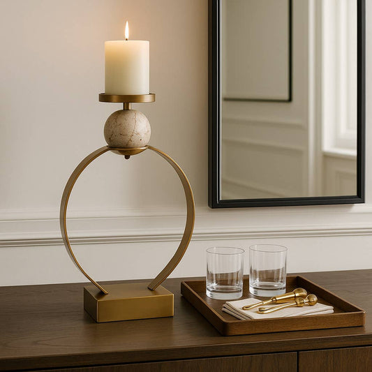 Candle Holder - Gold Metal with Marble Sphere, 26 in.