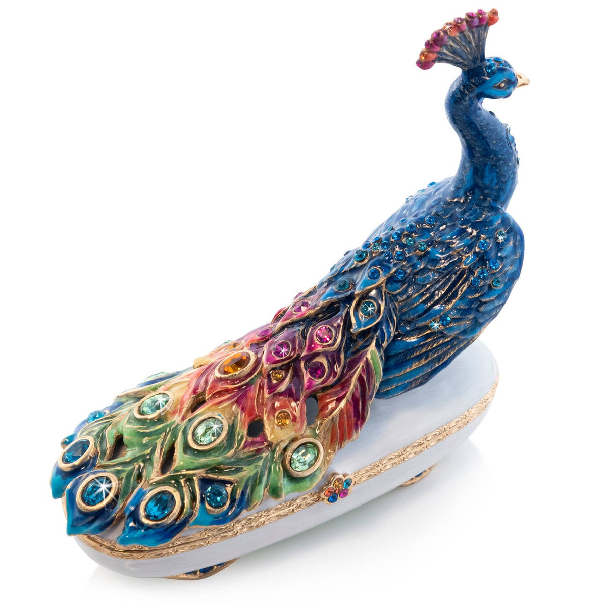 Jay Strongwater Darien Rainbow Peacock Decorative Box, Red Swarovski Crystal Enamel Gold-Finished