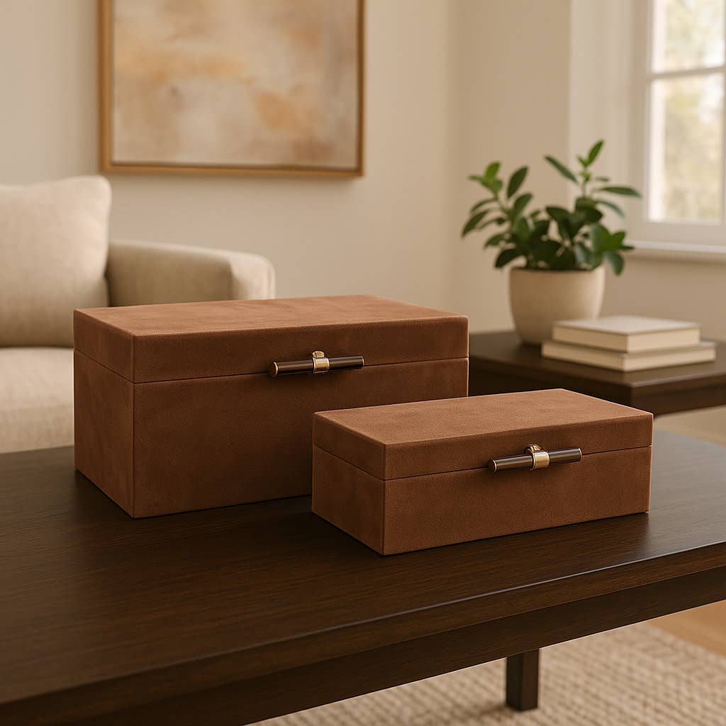 Boxes Set of 2 - Brown Suede Tigers Eye Hardware, 12/14 in.