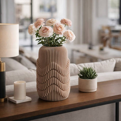 Decorative Vase - Brown Porcelain Ribbed 3D Printed, 15 in.