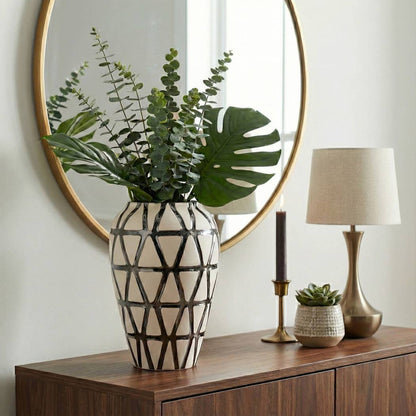 Decorative Vase - Ivory/Silver Ceramic Tribal Design, 16 in.