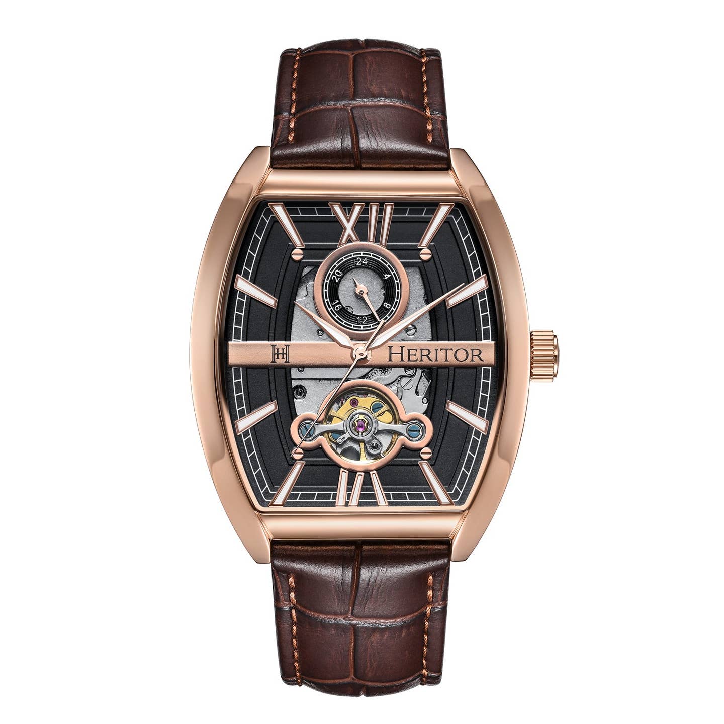Heritor Masterson Men's Automatic Semi-Skeleton Leather Watch, Rose Gold/Brown